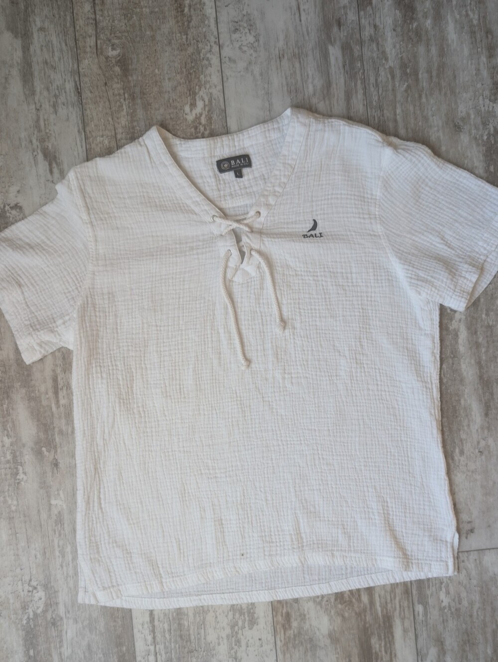 Bali White Lace-Up V-Neck Gauze Tee 100% Cotton